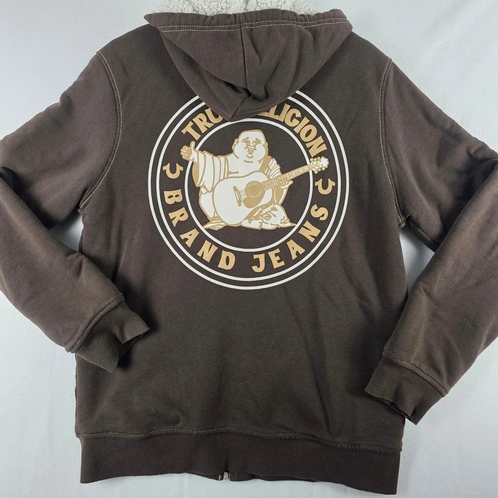 True Religion Mens Brown Sherpa Lined Full Zip Buddha Logo Hoodie Small